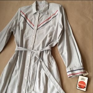 Vintage deadstock Serbin with tags 80s Chambray blue and white striped dress.